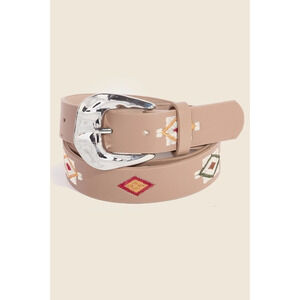 Boho Aztec Multicolor Embroidered Pattern Vegan Leather Belt Khaki